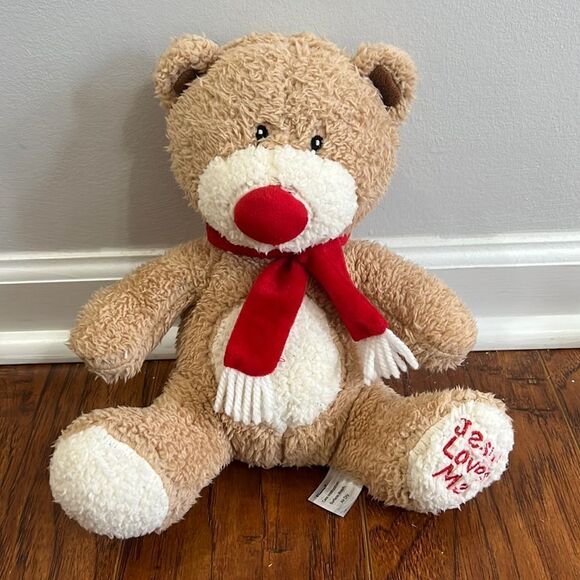 Fiesta 10” Sitting Teddy Bear w/ Red Scarf Jesus Loves Me Plush Stuffed Animal - Picture 1 of 5